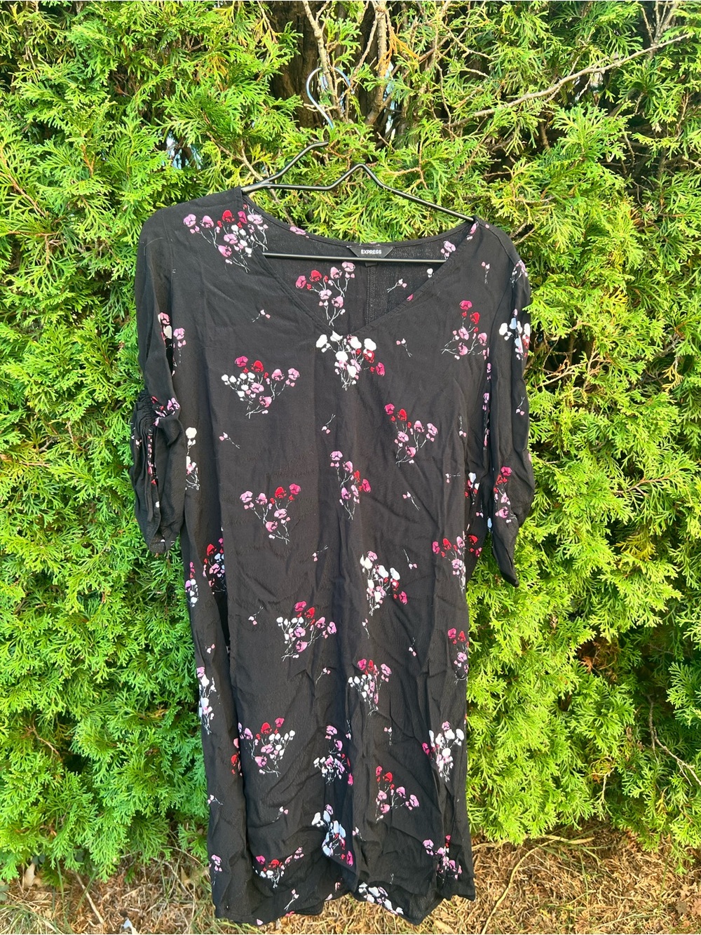 Express Black Floral Midi Dress with Pink & White Blooms